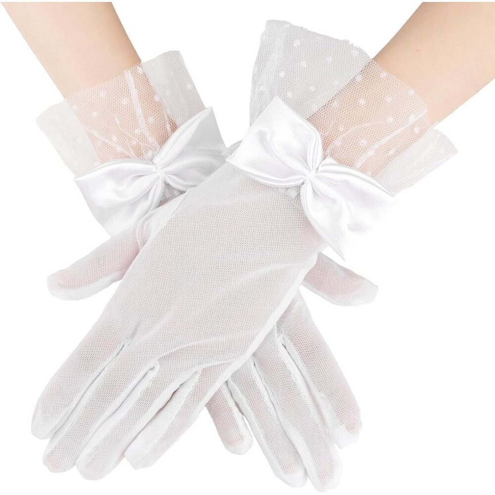 Women's White Bow Short Lace Veil Feather Derby Tea Party Elegant Gloves Styles